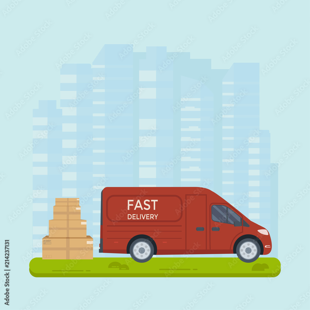 Logistics and delivery service concept: truck, lorry, van with package and city background.