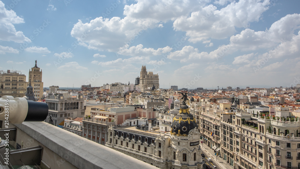 View of Madrid from the rooftop of the Circulo de Bellas Artes, you can see the Metropolis and Gran Via. Madrid (Spain). Summer of 2018.