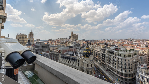 View of Madrid from the rooftop of the Circulo de Bellas Artes, you can see the Metropolis and Gran Via. Madrid (Spain). Summer of 2018.