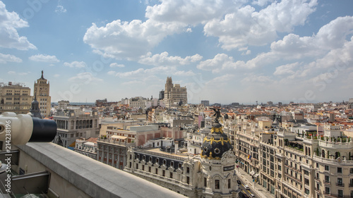 View of Madrid from the rooftop of the Circulo de Bellas Artes, you can see the Metropolis and Gran Via. Madrid (Spain). Summer of 2018.