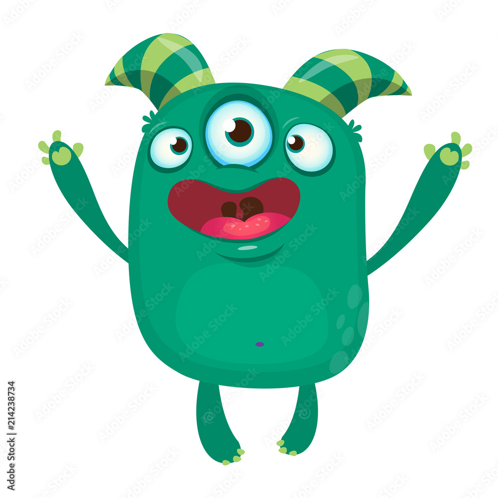 Fototapeta premium Green funny happy cartoon monster. Green vector alien character with three eyes. Halloween design