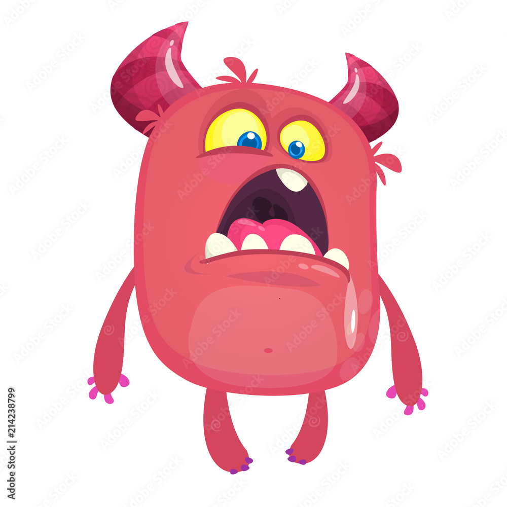 Fototapeta premium Angry cartoon monster. Vector Halloween pink furry monster 