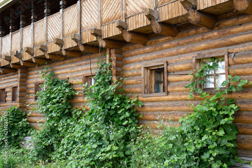 Facade of a log wall with windows. Russian architecture
