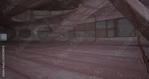 Empty smooth abstract room interior of sheets rusted metal . Architectural background. 3D illustration and rendering