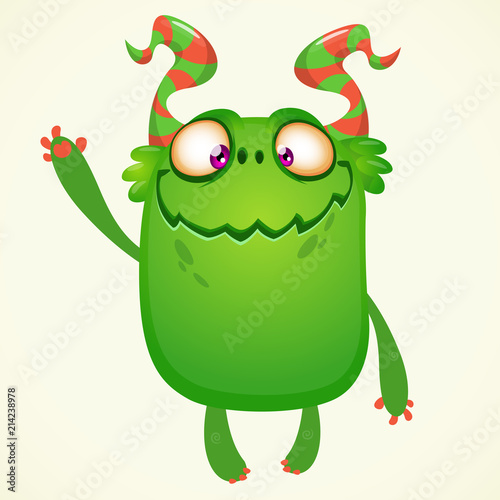 Happy cartoon monster. Vector Halloween green monster with big ears. Big set of cartoon monsters