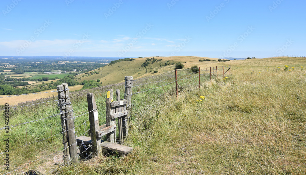 Stile and dog gate on South Downs Way, long distance footpath, Sussex UK