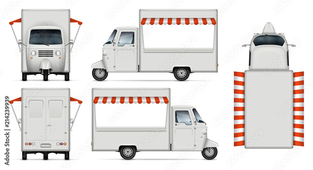 Obraz premium Makieta wektor ciężarówka żywności. Na białym tle szablon trójkołowy dostawy na białym tle dla marki pojazdu, tożsamości korporacyjnej. Widok z boku, przodu, tyłu i góry, łatwa edycja i zmiana koloru.
