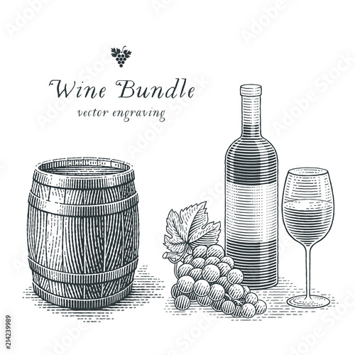 Wine bottle, wood barrel, glass of wine and grapes. Hand drawn engraving style illustrations. 