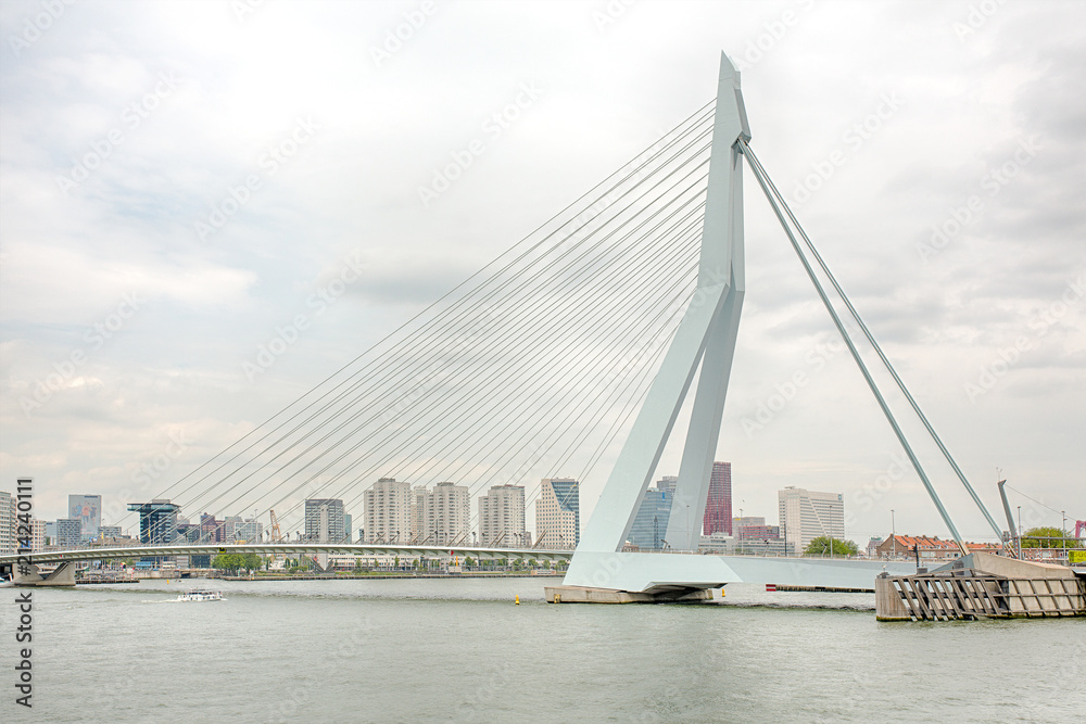 Naklejka premium Urban skyline of modern and innovative Rotterdam popping against a white sky.