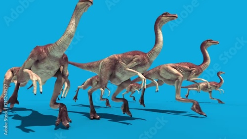Jurassic World Group Gallimimus Walkcycle Blue Screen 3D Rendering Animation photo