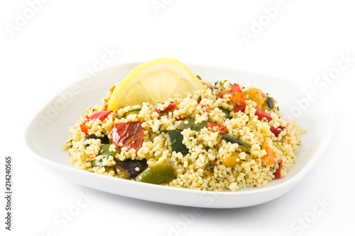 Couscous with vegetables isolated on white background