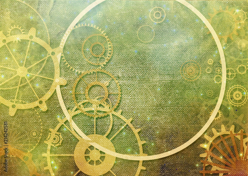 Steampunk vintage metal frame background with rusty grunge collage, cogs, dark elements, wheels and gears on paper canvas dirty texture 