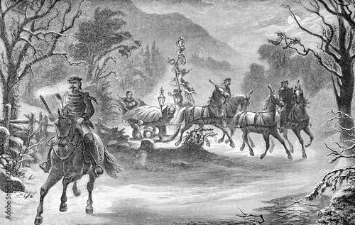 Ludwig II king of Bavaria travels in sleigh by night, landscape with snow, old illustration