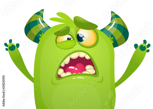 Cartoon green monster. Monster illustration with surprised expression. Shocking green gremlin or troll mascot design. Vector Halloween illustration