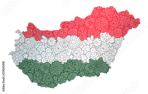 Canvas Print Flag and map of Hungary with flowers
