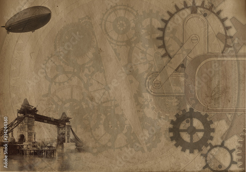 Steampunk London vintage travel background with gears and cogs on grunge canvas paper