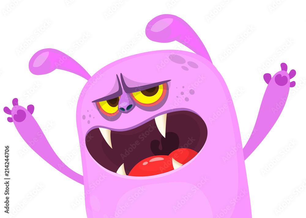 Angry cartoon pink monster screaming. Yelling angry monster expression. Halloween vector illustration