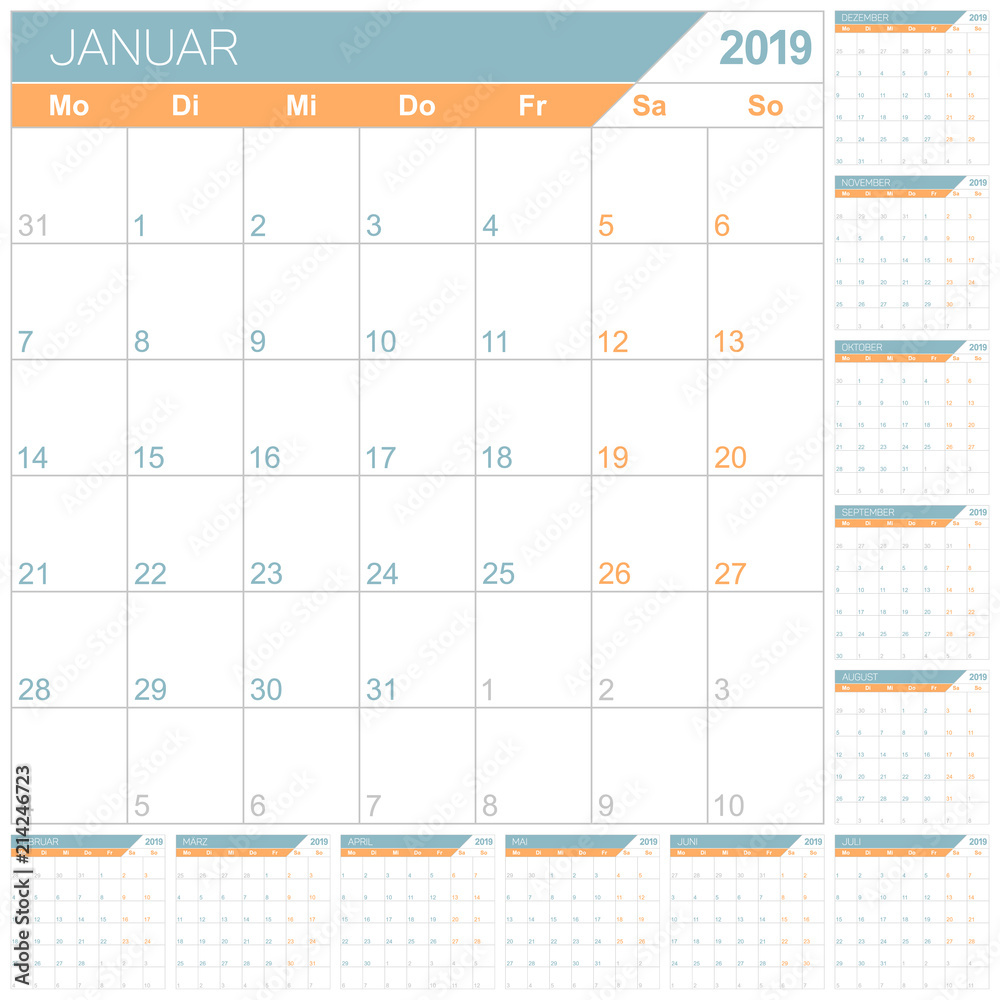 german calendar 2019 german planning calendar 2019 english calendar template for year 2019 set of 12 months week starts on monday printable calendar templates vector illustration stock vector adobe stock