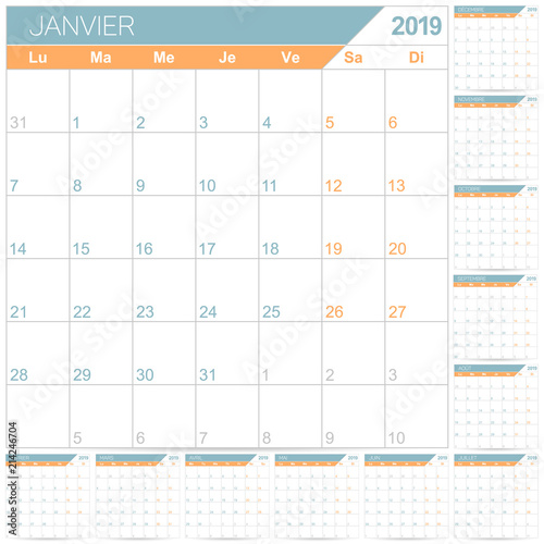 French Calendar 2019 / French planning calendar 2019, English calendar template for year 2019, set of 12 months, week starts on Monday, printable calendar templates vector illustration
