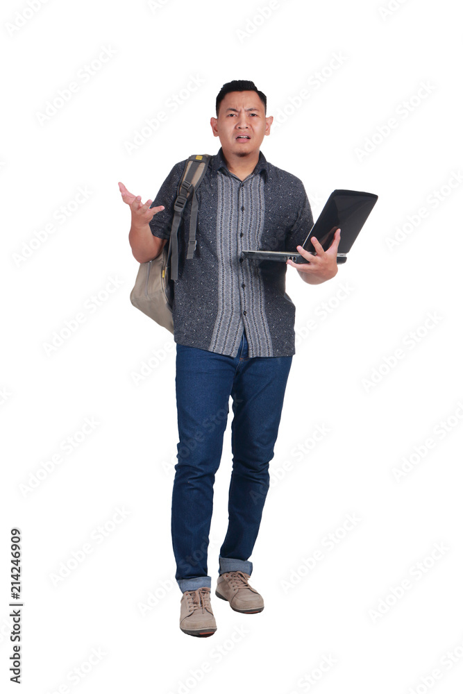 Young Asian Student With Laptop. Dissapointed Gesture Young Asian Student With Laptop. Dissapointed Gesture