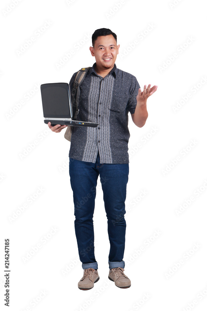 Young Asian Student With Laptop. Smiling Happily Young Asian Student With Laptop. Smiling Happily