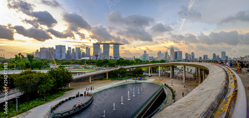 Panoramic view Singapore's Marina Barrage overlooks Marina Bay Sands and Gardens by the Bay at twilight time. photo