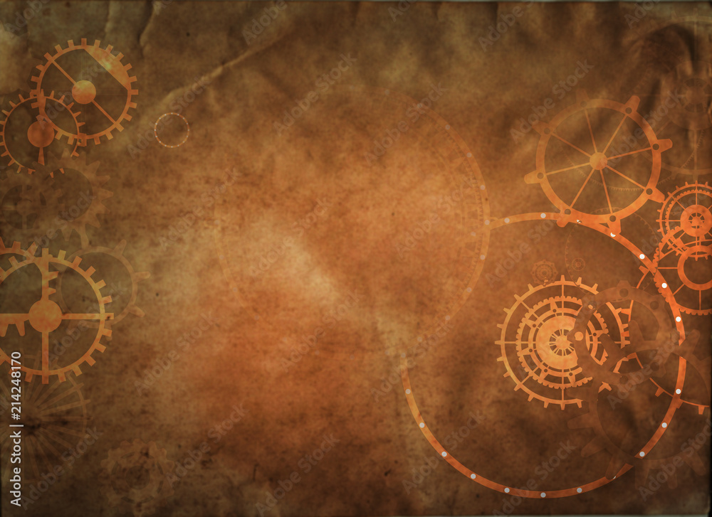 Naklejka premium vintage steampunk old background, paper canvas frame, cogs, gears retro wallpaper