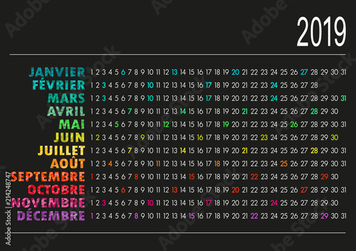 French calendar 2019 / French calendar for year 2019 on black background