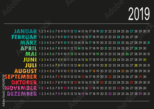 German calendar 2019 / German calendar for year 2019 on black background