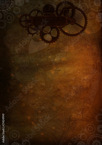 Steampunk background vintage frame cogs, gears on canvas paper, old retro © magerram