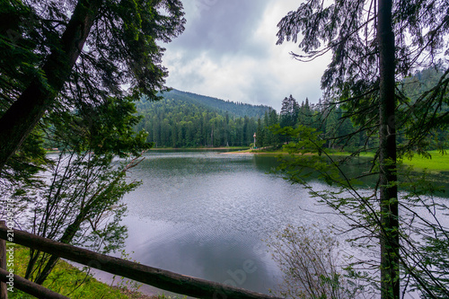 The pearl of the Ukrainian Carpathians is a picturesque Lake Synevir in the forest photo