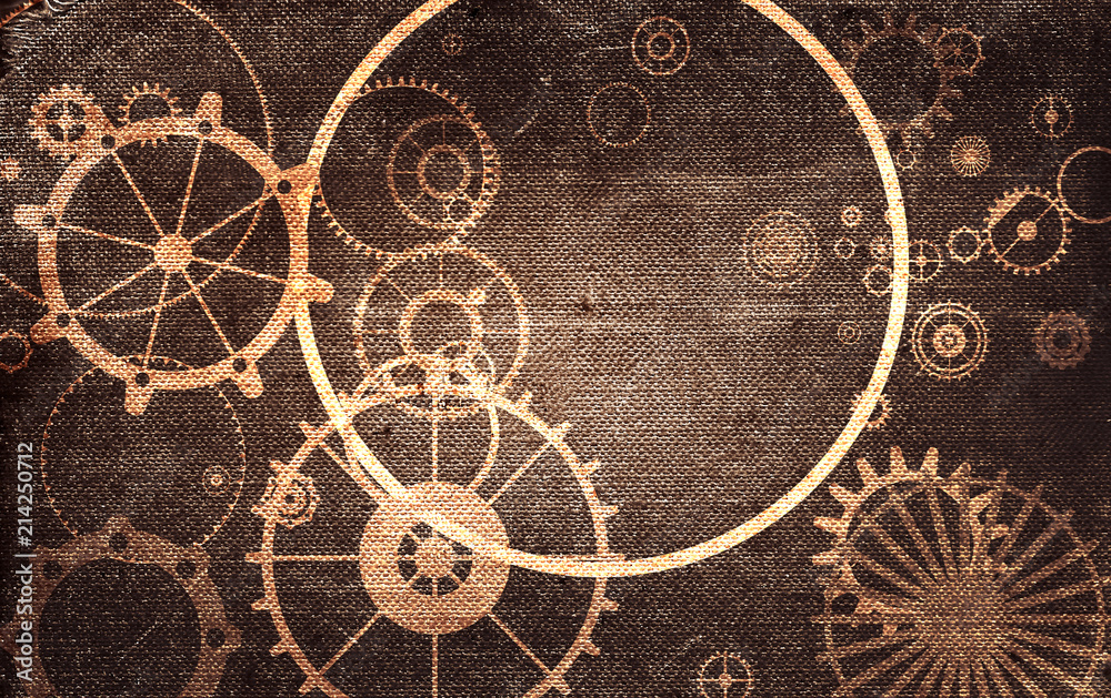 Naklejka premium Steampunk vintage metal frame background with rusty grunge collage, cogs, dark elements, wheels and gears on paper canvas dirty texture 
