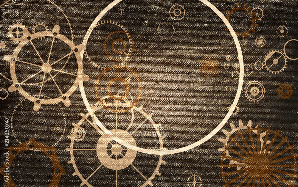 Naklejka premium Steampunk vintage metal frame background with rusty grunge collage, cogs, dark elements, wheels and gears on paper canvas dirty texture 