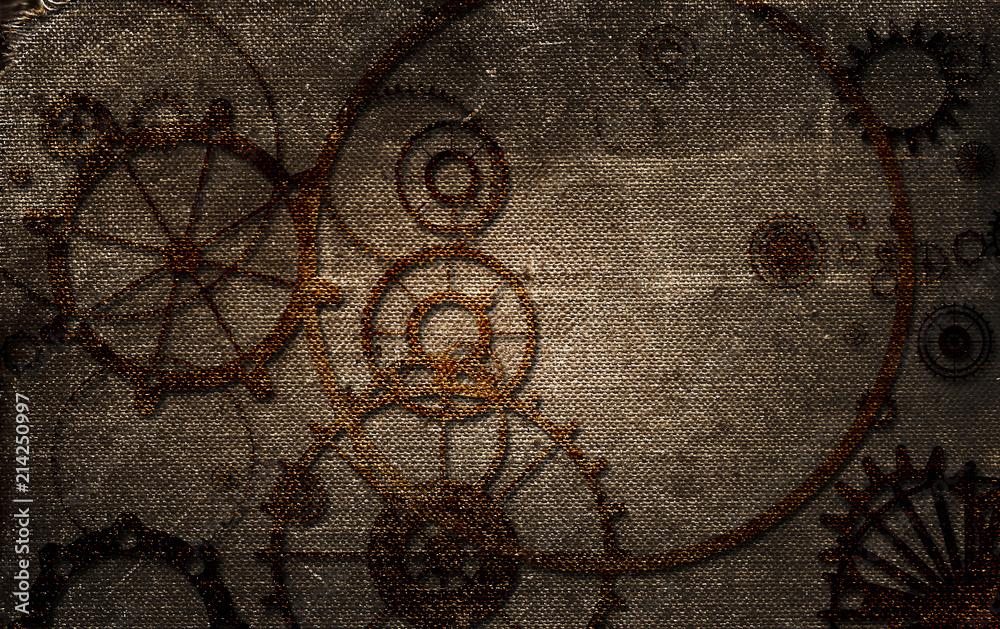 Naklejka premium Vintage steampunk background, cogs and gears on grunge old canvas paper
