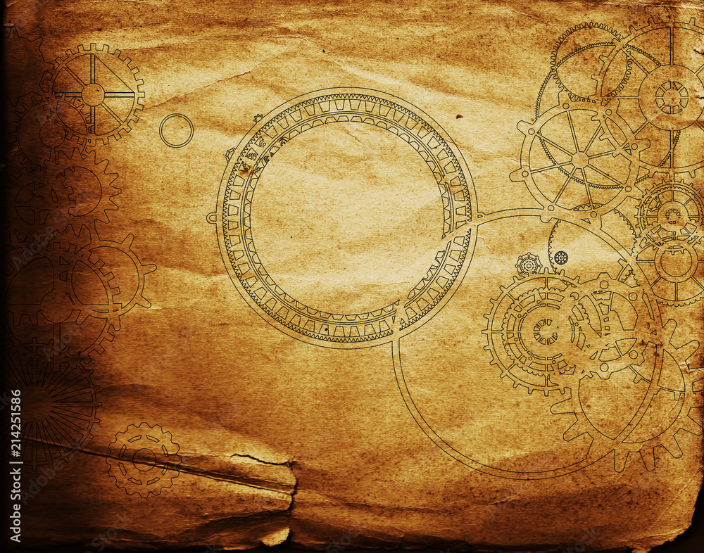Vintage steampunk background, cogs and gears on grunge old canvas paper