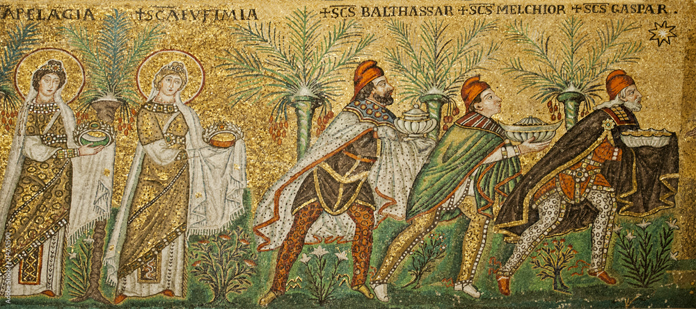 Die heiligen drei Könige,, Detail aus dem Mosaik Zug der Jungfrauen  in der Kirche Sant' Apollinare Nuovo, Ravenna, Emila Romagna, Norditalien, Italien, Europa