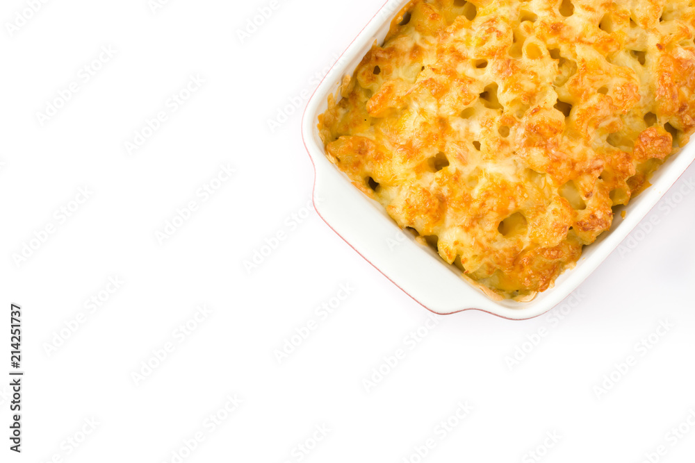 Typical American macaroni and cheese isolated on white background. Top view. Copyspace Typical American macaroni and cheese isolated on white background. Top view. Copyspace