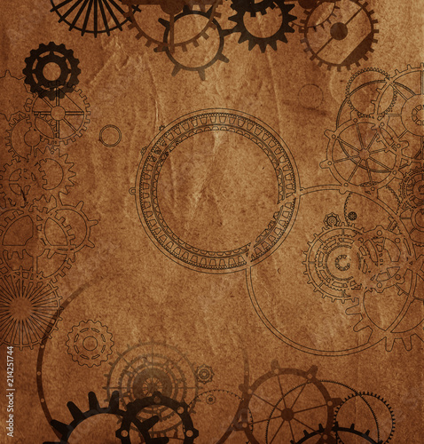 Wallpaper Mural Steampunk vintage metal frame background with rusty grunge collage, cogs, dark elements, wheels and gears on paper canvas dirty texture  Torontodigital.ca