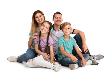 Happy family with children on white background