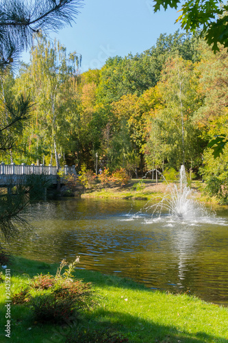 The green glade on the shore of the pond is a great place to relax with a beautiful view of the fountain in the middle of the pond and trees with yellowing foliage on the opposite shore.