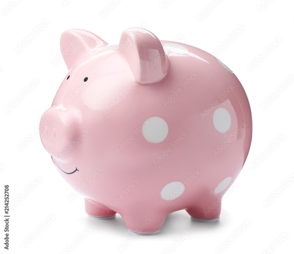 Pink piggy bank on white background. Money saving Pink piggy bank on white background. Money saving