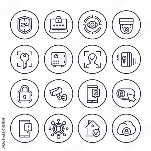 Security line icons set on white, biometric screening, face recognition, video surveillance, secure server, strongbox