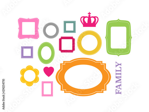 Set of cartoon picture frames organized as gallery wall. Blank colored frames isolated on white vector illustration. Balanced composition with decorative elements. Ready collage for photos or pictures