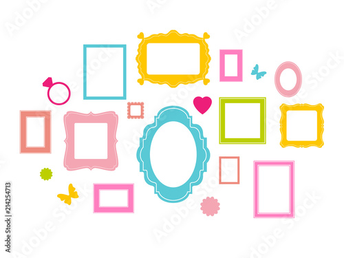 Set of cartoon picture frames organized as gallery wall. Blank colored frames isolated on white vector illustration. Balanced composition with decorative elements. Ready collage for photos or pictures