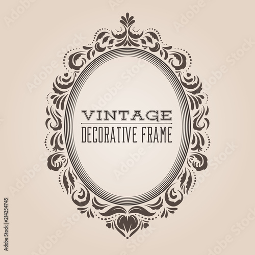 Oval vintage ornate border frame with retro pattern, victorian and baroque style decorative design. Simple and elegant oval frame shape with swirls for labels, logo and pictures. Vector illustration.