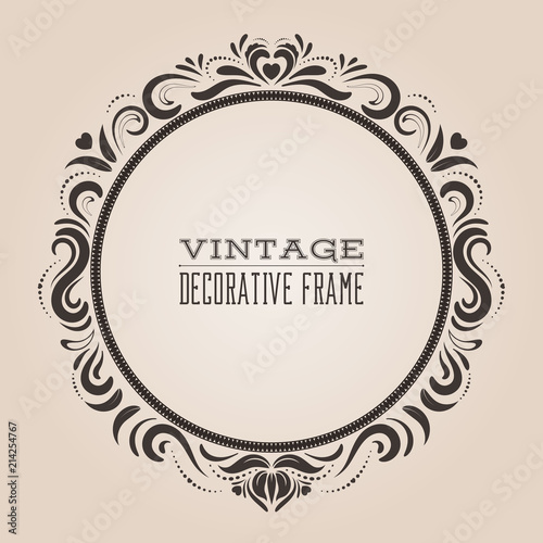 Round vintage ornate border frame, victorian and royal baroque style decorative design. Elegant frame shape with hearts and swirls for labels, wedding and party invitations. Vector illustration.