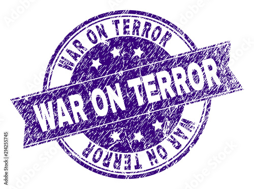 WAR ON TERROR stamp seal imprint with grunge texture. Designed with ribbon and circles. Violet vector rubber print of WAR ON TERROR text with dust texture.