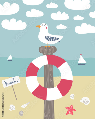 Vector seagull on a pole