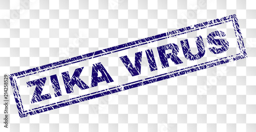 ZIKA VIRUS stamp seal print with grainy style and double framed rectangle shape. Stamp is placed on a transparent background. Blue vector rubber print of ZIKA VIRUS text with grunge texture.
