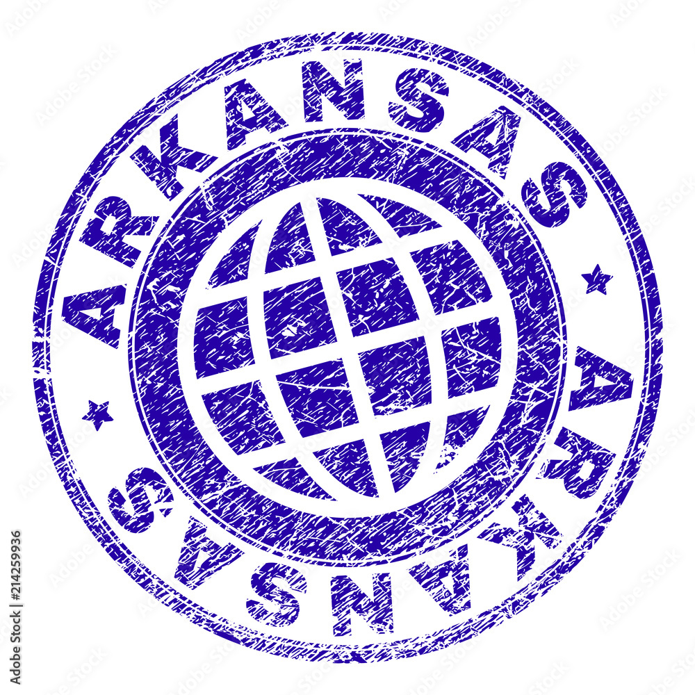 ARKANSAS stamp imprint with distress texture. Blue vector rubber seal imprint of ARKANSAS text with retro texture. Seal has words arranged by circle and globe symbol.